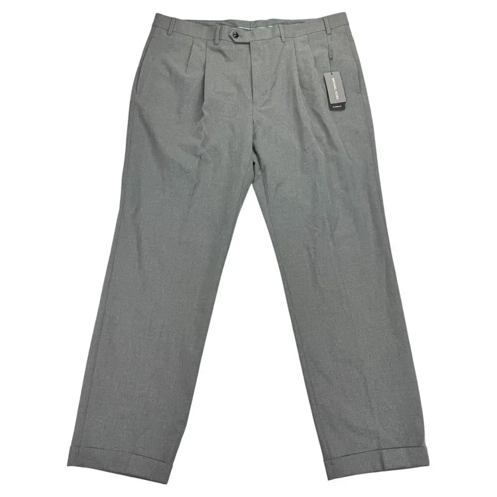 Michael Kors Mens Pleated Cuffed Solid Classic Fit Stretch Pants Gray 40x32